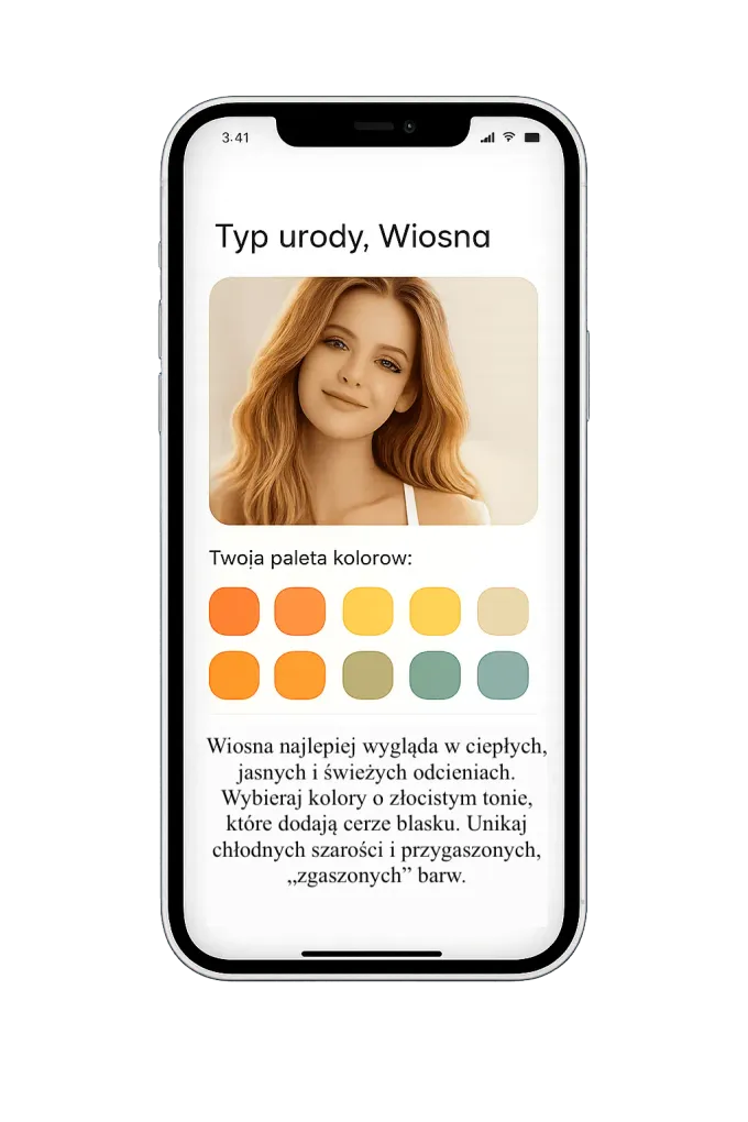 Ekran aplikacji z wynikiem darmowej analizy kolorystycznej i paletą kolorów