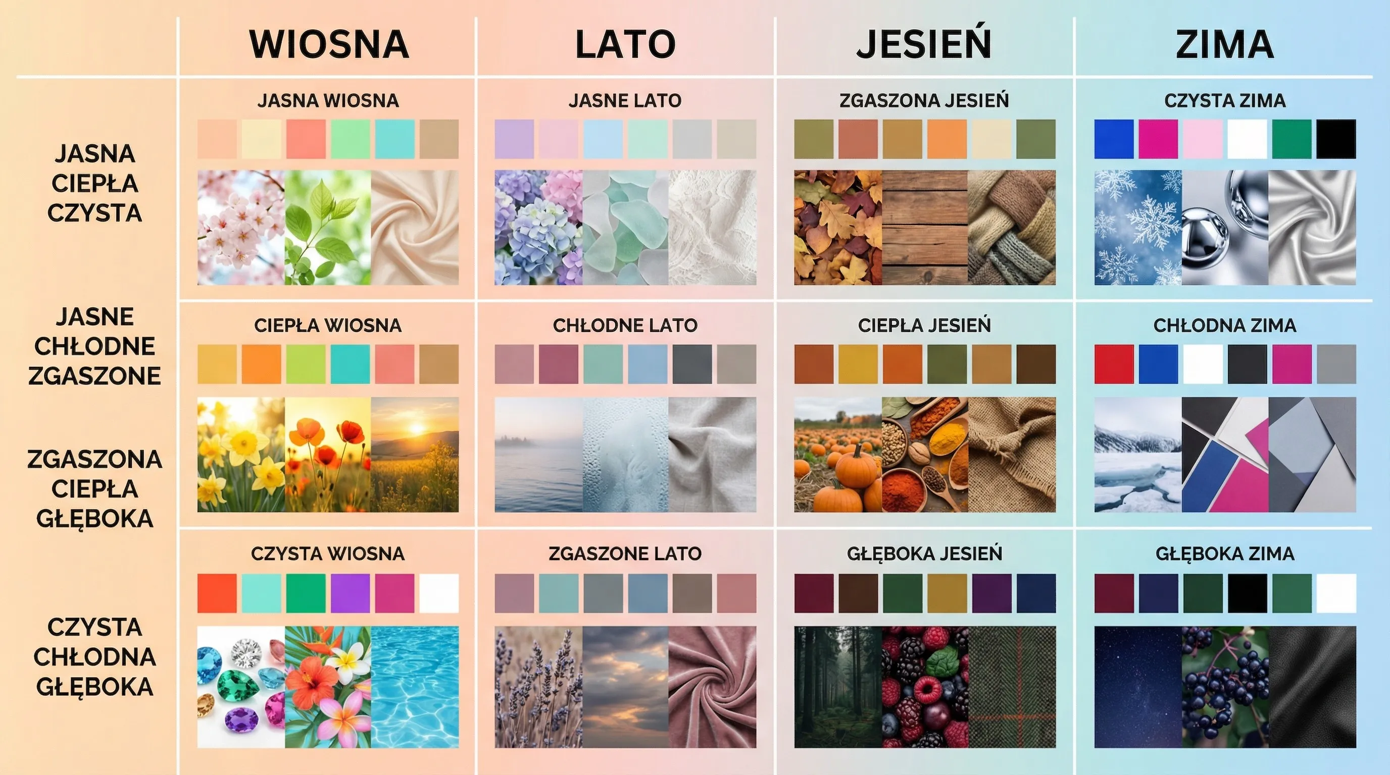 12 typów kolorystycznych - infografika wiosna lato jesień zima z podtypami