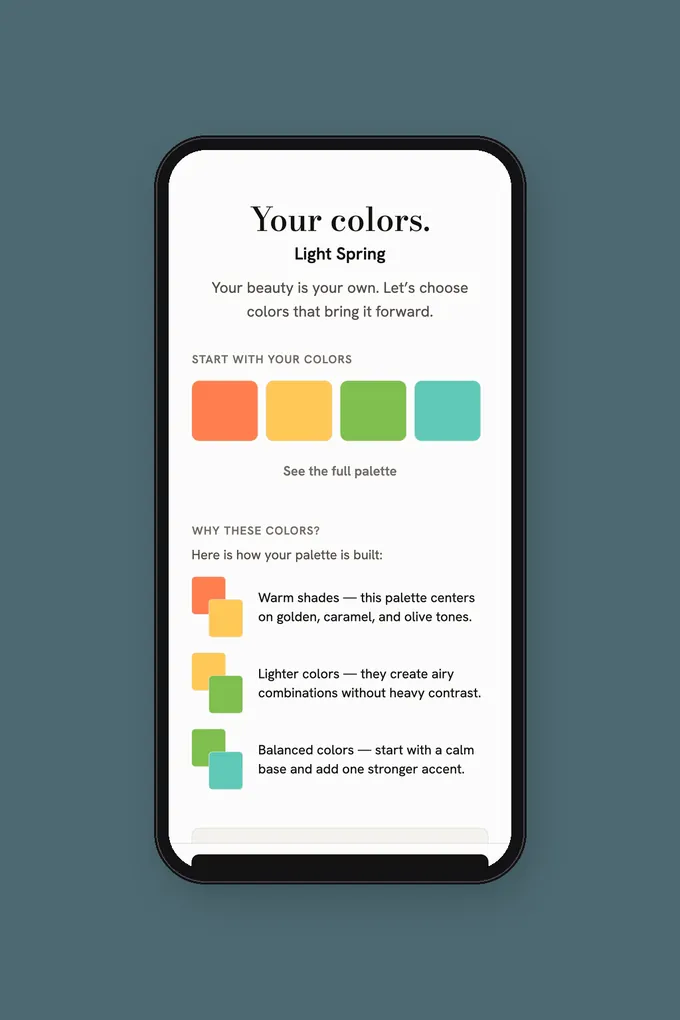 Color analysis app showing a personal color-season result and palette