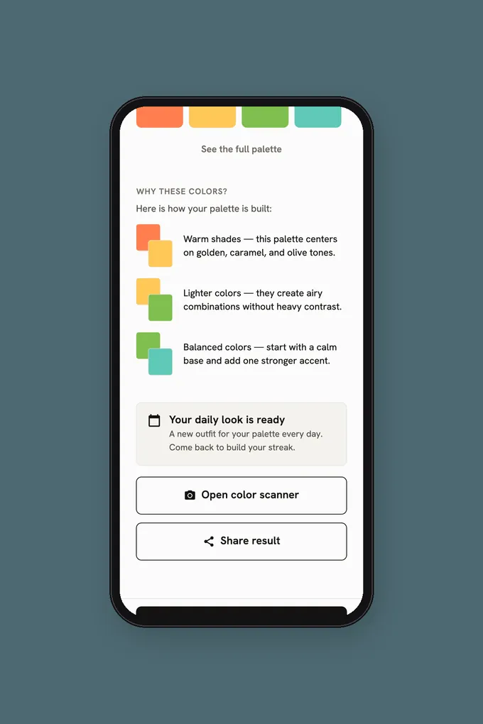 Color analysis app showing a personal color-season result and palette