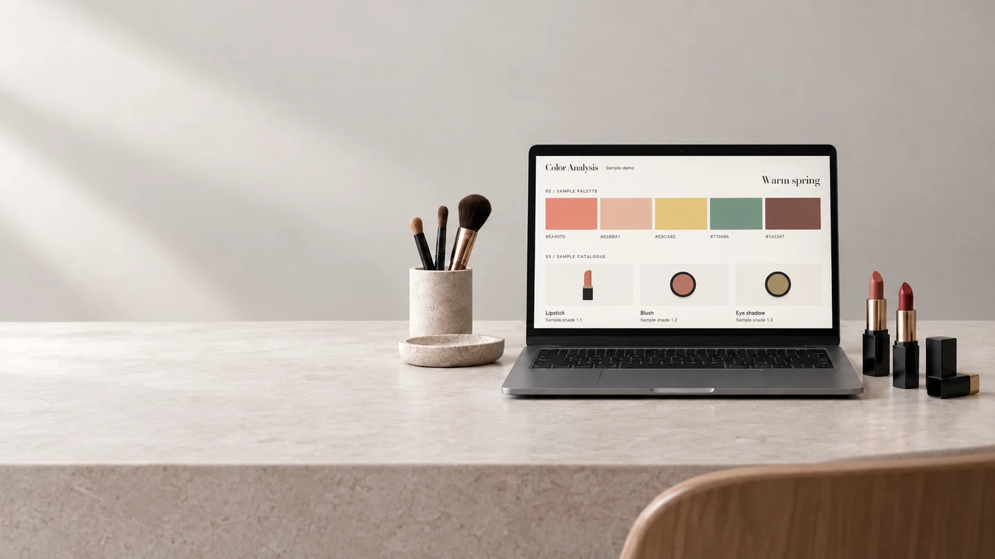 Color Analysis Demo auf einem Laptop: Farbpalette und Beispielkosmetik