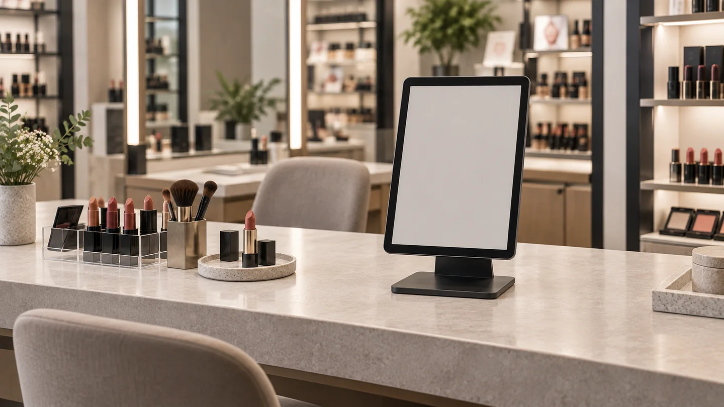 Konzept eines Tablets an einer Kosmetiktheke