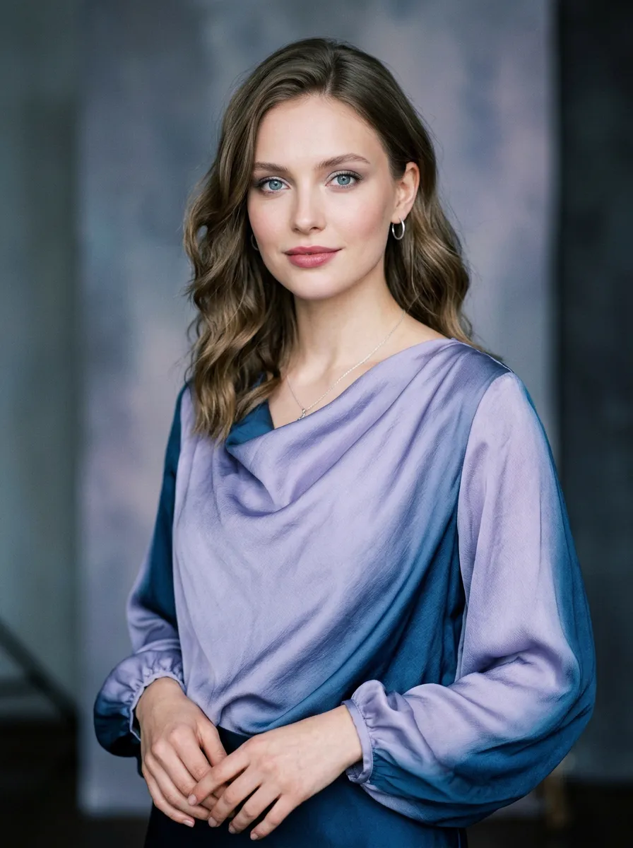 Stonowana, szlachetna elegancja w odcieniach żurawiny, lawendy i szarego denim.