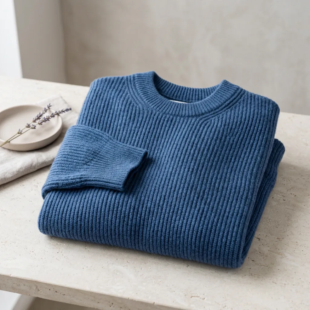 Klasyczny golf ze szlachetnego kaszmiru w odcieniu niebieskiego denimu