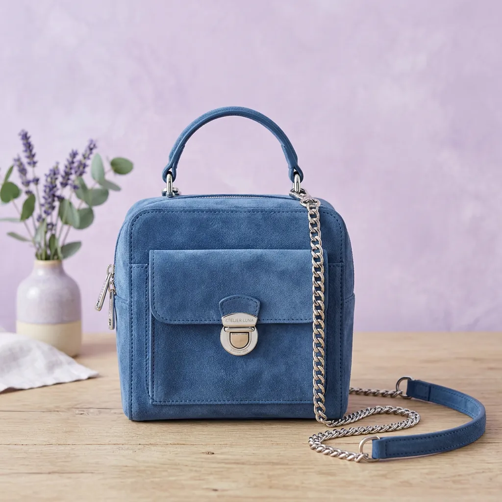 Zamszowa torebka crossbody w odcieniu przygaszonego błękitu denim ze srebrnym łańcuszkiem